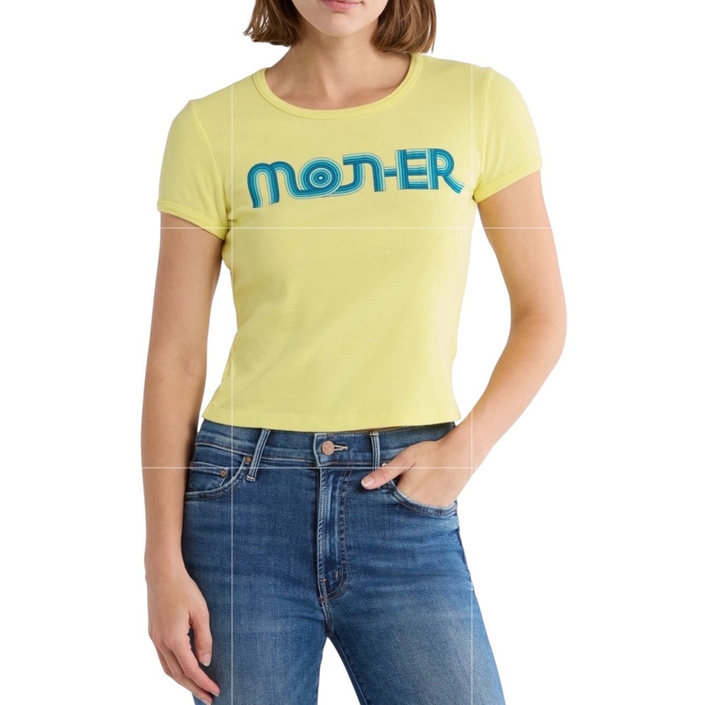 MOTHER Yellow Cropped Short Sleeve Tee with Teal Logo